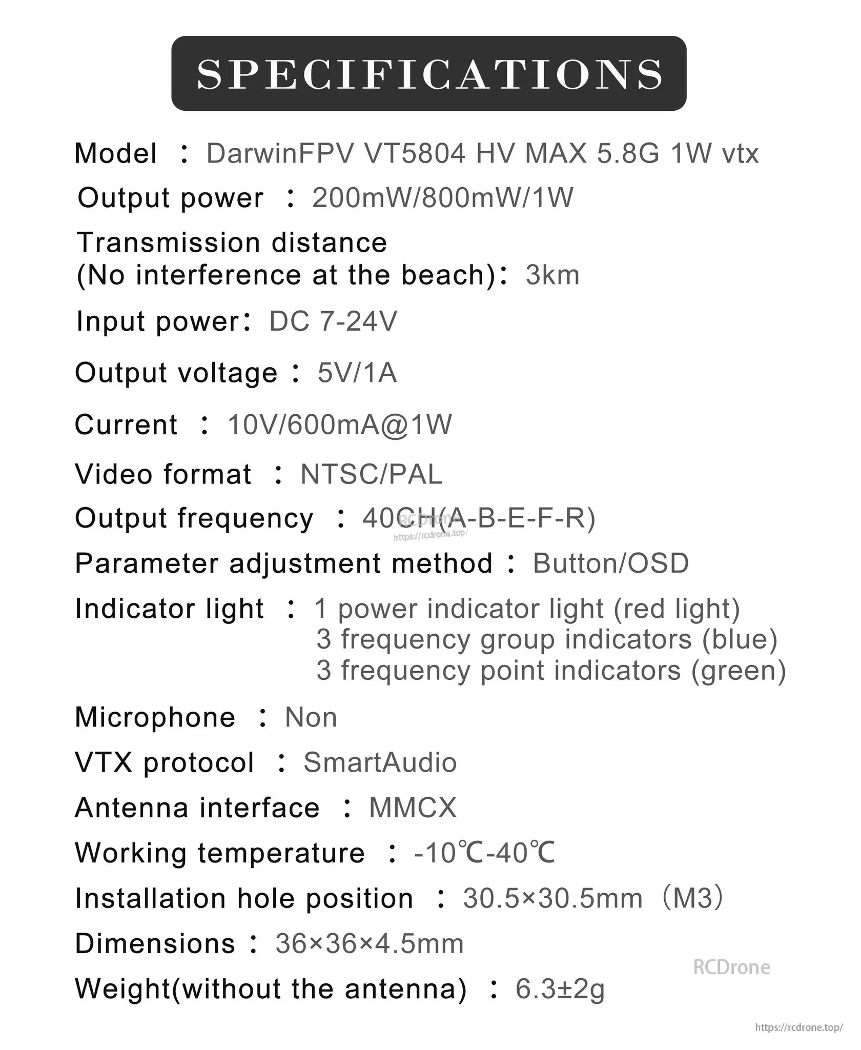 Specifications graphic for VT5804 HV MAX VTX: 7–24V input, 200/800/1000mW power, 40 channels, SmartAudio, MMCX