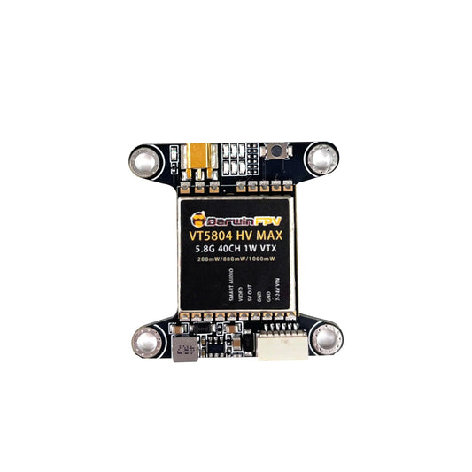 DarwinFPV VT5804 HV MAX 5.8G 40CH 1W VTX module top view with labeled shield and mounting holes