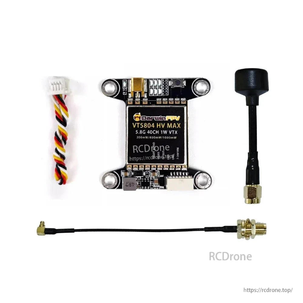 Package contents: VT5804 HV MAX VTX, wiring harness, and antenna with RF pigtail cable