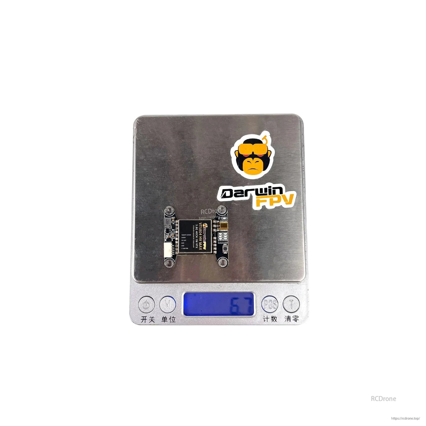 VTX weight shown on digital scale with module placed on top (display reads 6.7)