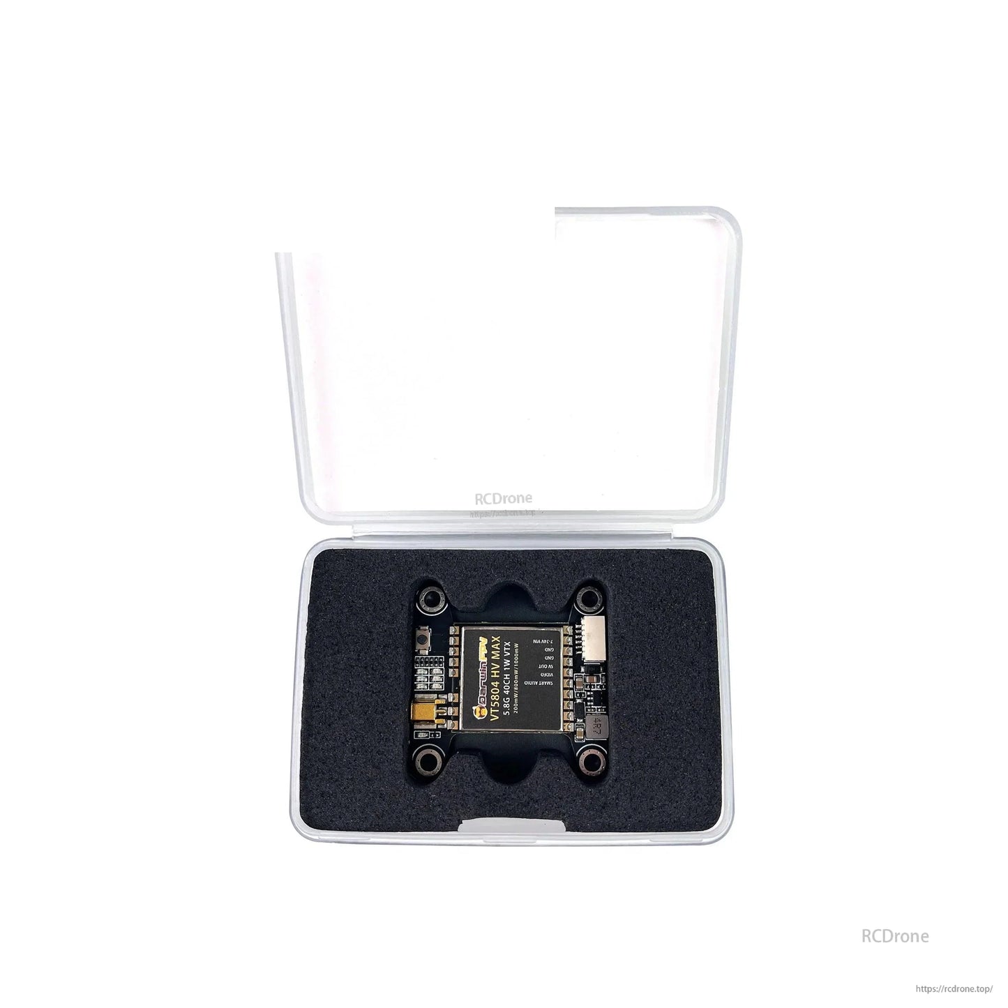Product packaging: VT5804 HV MAX VTX secured in foam insert inside clear plastic case