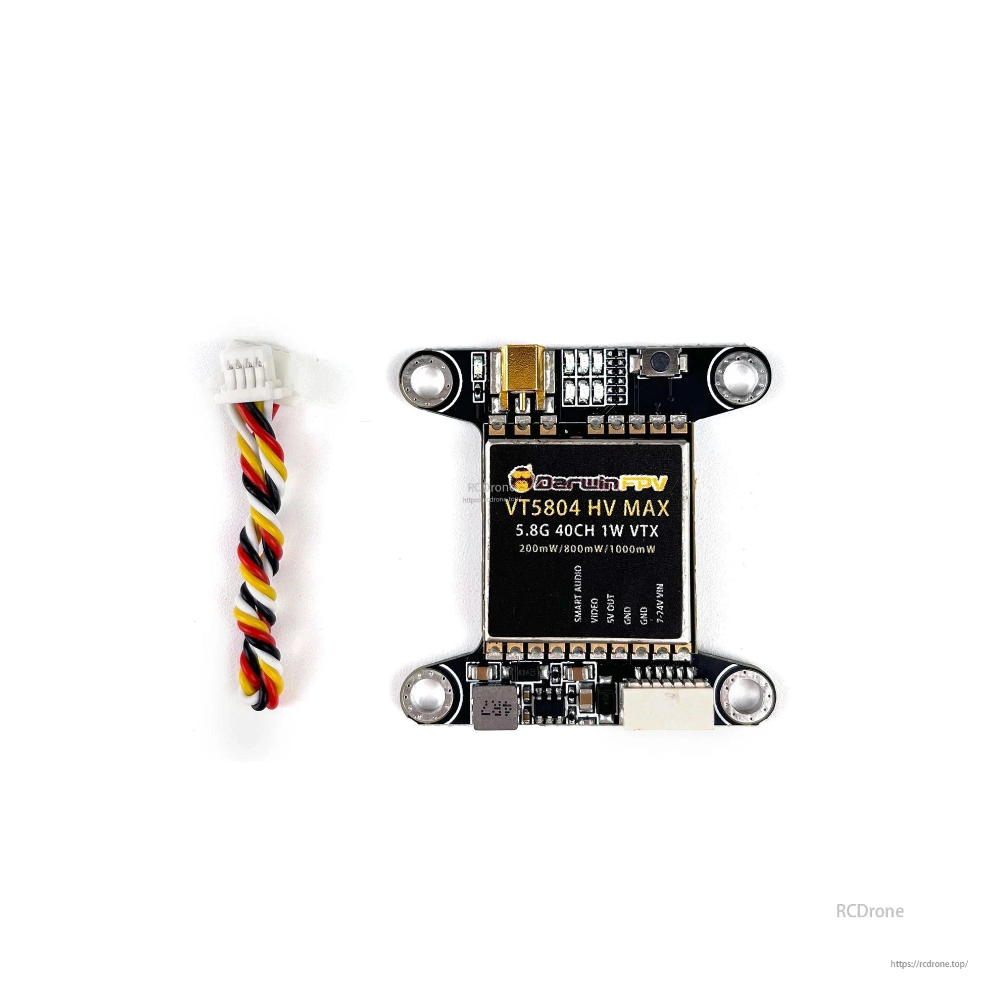 VT5804 HV MAX VTX shown with included 6-pin wiring harness cable beside the board