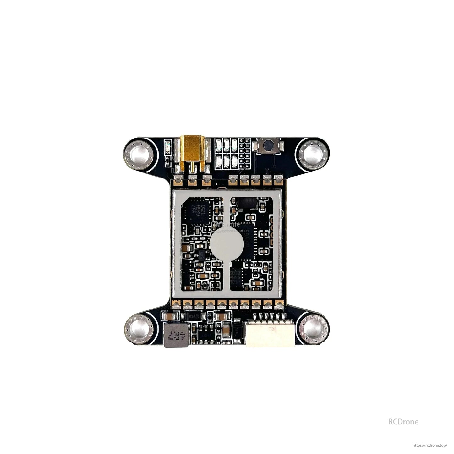 VT5804 HV MAX VTX underside view showing RF shielding can and solder pads on the PCB