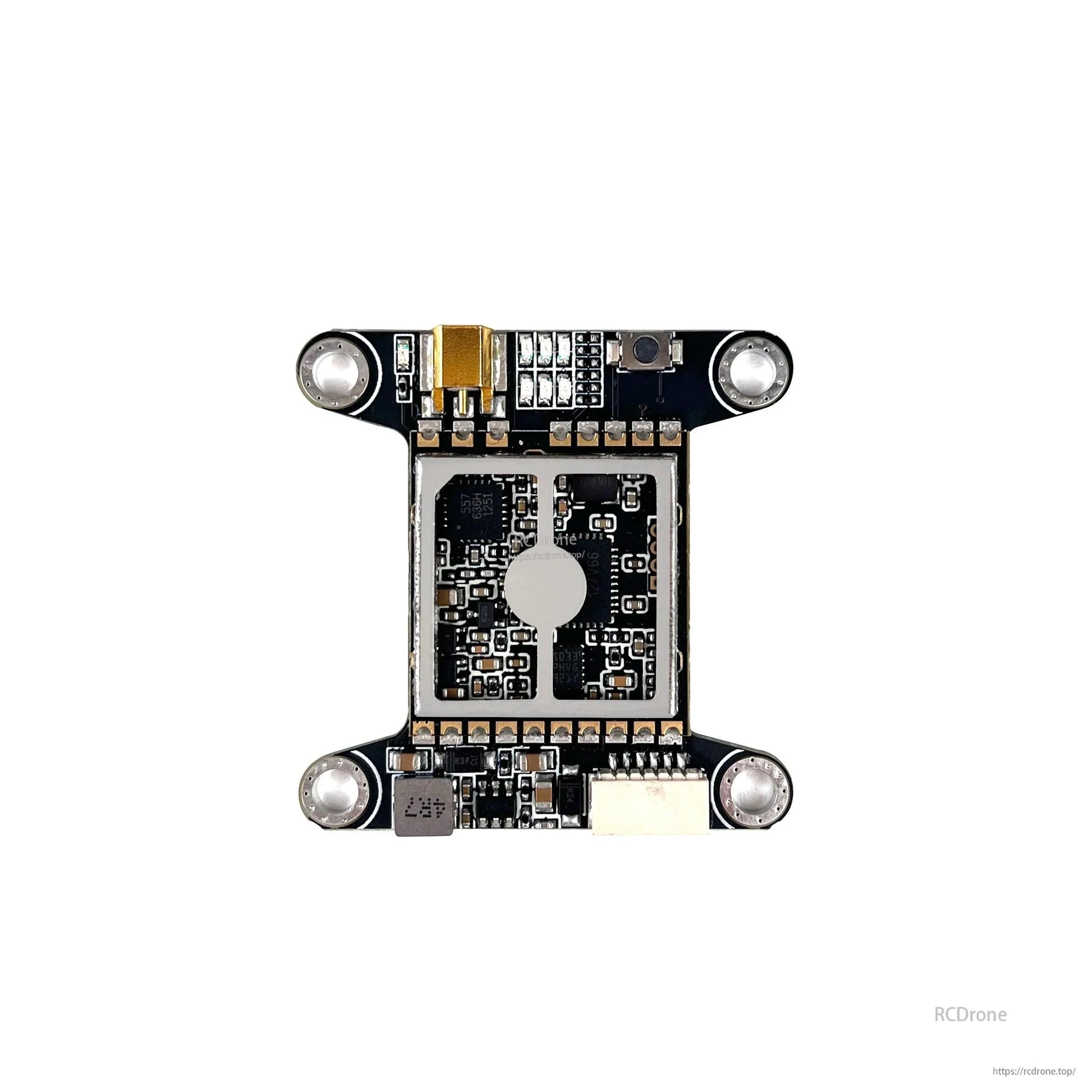 VT5804 HV MAX VTX underside view showing RF shielding can and solder pads on the PCB