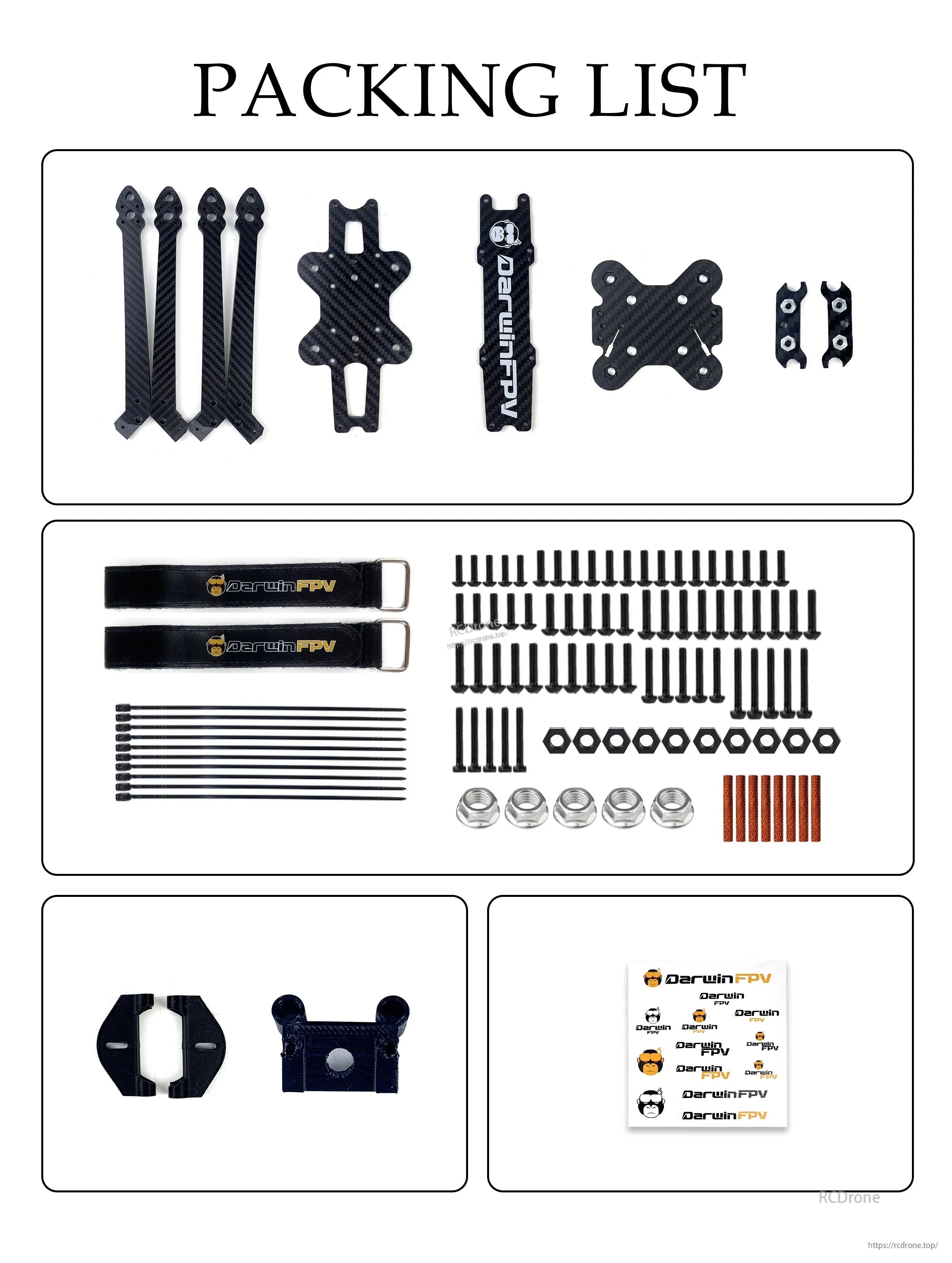 DarwinFPV X10 FPV frame packing list with carbon plates, four arms, battery straps, TPU mounts, and hardware kit