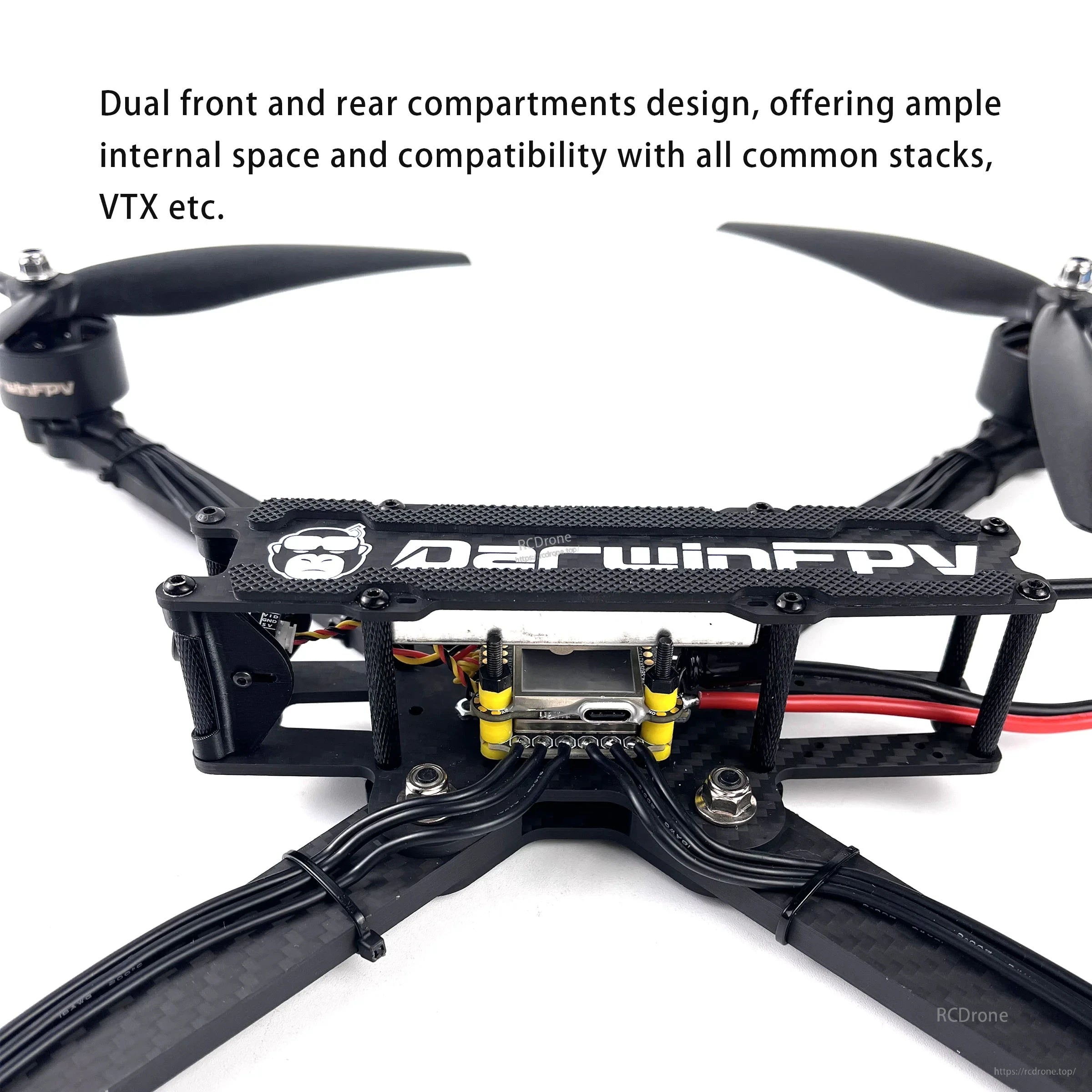 DarwinFPV X10 carbon frame center section with dual front and rear electronics bays for stack and VTX mounting