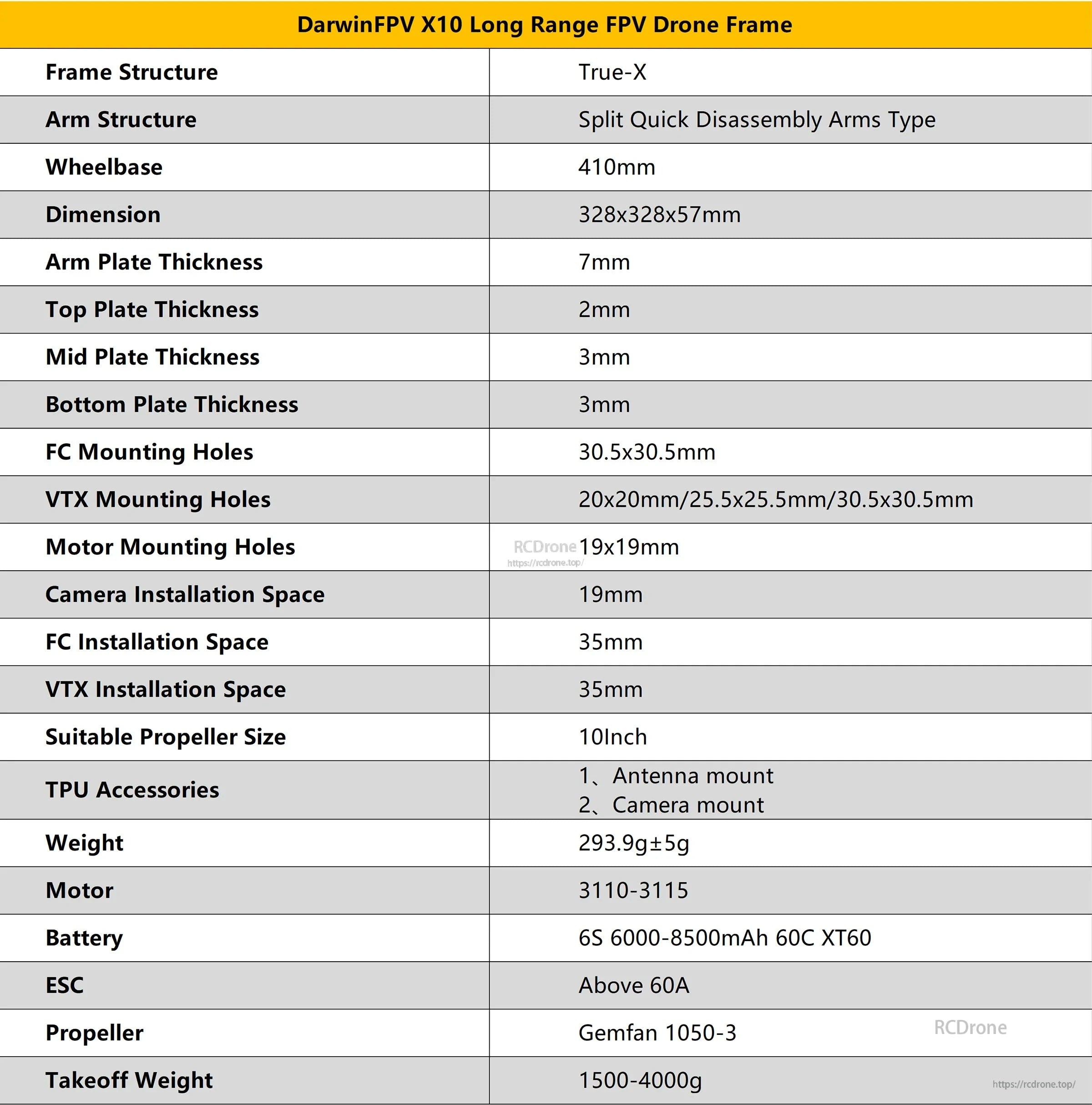 DarwinFPV X10 frame specifications table listing 410mm wheelbase, plate thicknesses, and mounting hole patterns