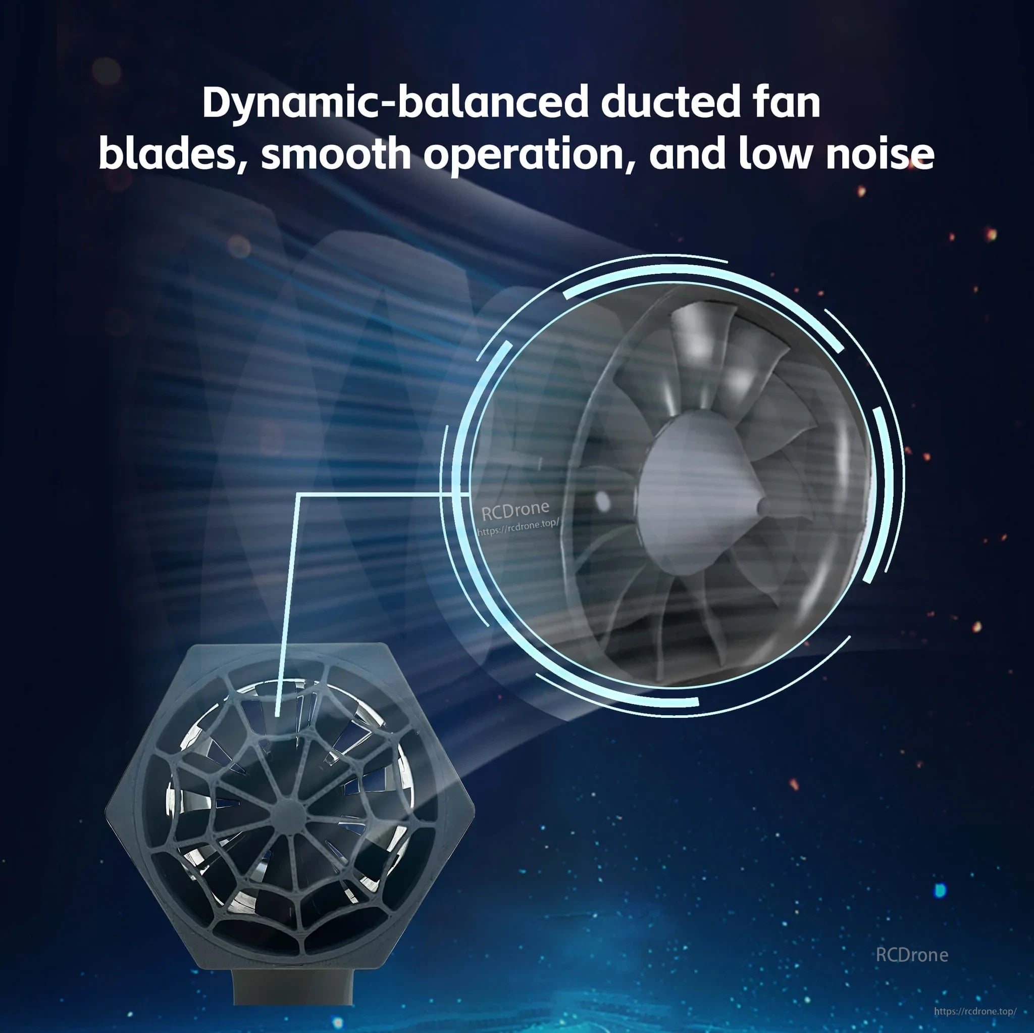 Close-up of dynamic-balanced ducted fan blades for smoother airflow, lower vibration, and reduced noise