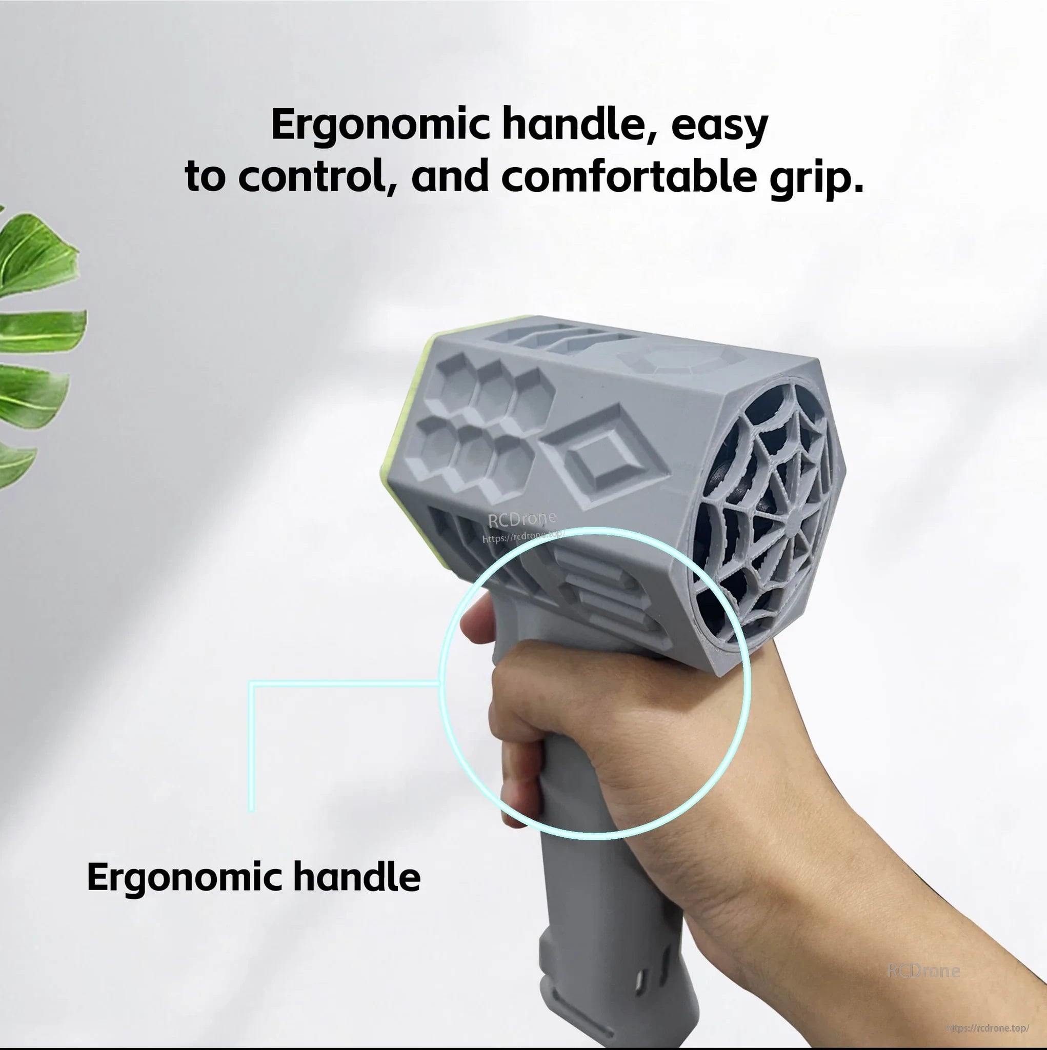 Handheld grip view of the ergonomic handle on the DarwinFPV X5 turbo fan for easier one-handed control