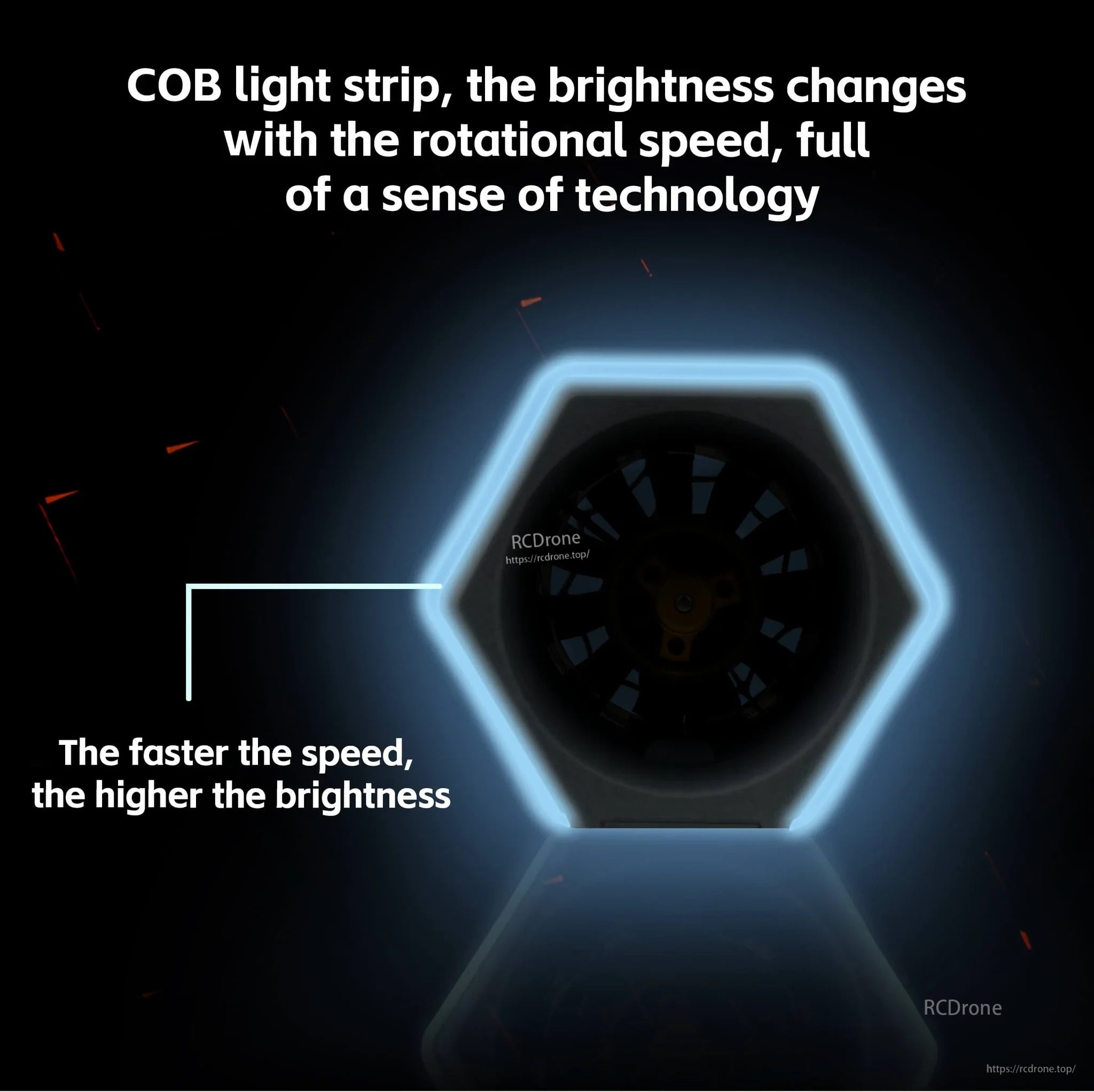 Front outlet view with COB light strip glow; brightness increases with rotational speed during operation
