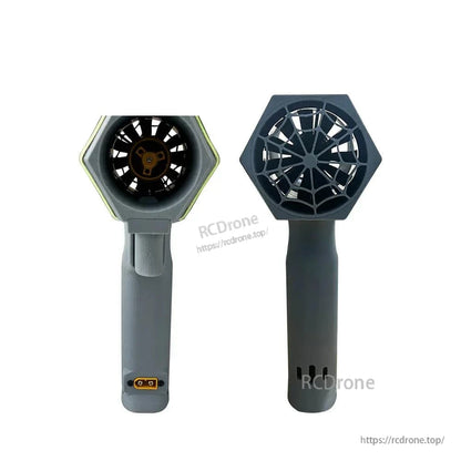 Front intake and rear exhaust grille views of the gray handheld turbo fan