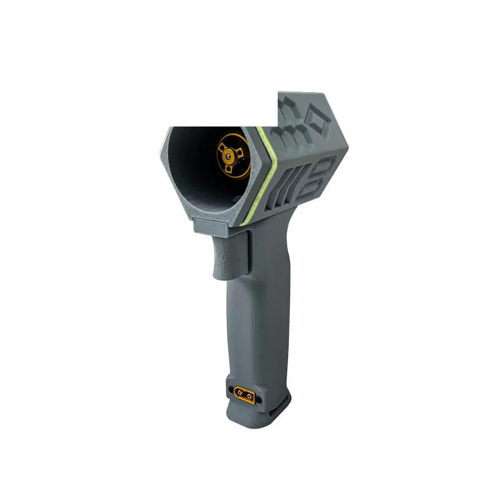 DarwinFPV X5 turbo fan handheld unit in gray with lime green accent, angled view