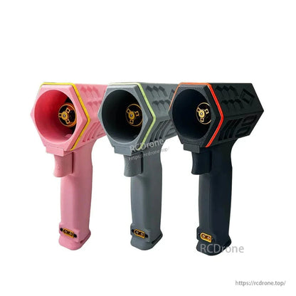 Three color options shown together: pink, gray, and black handheld turbo fan units