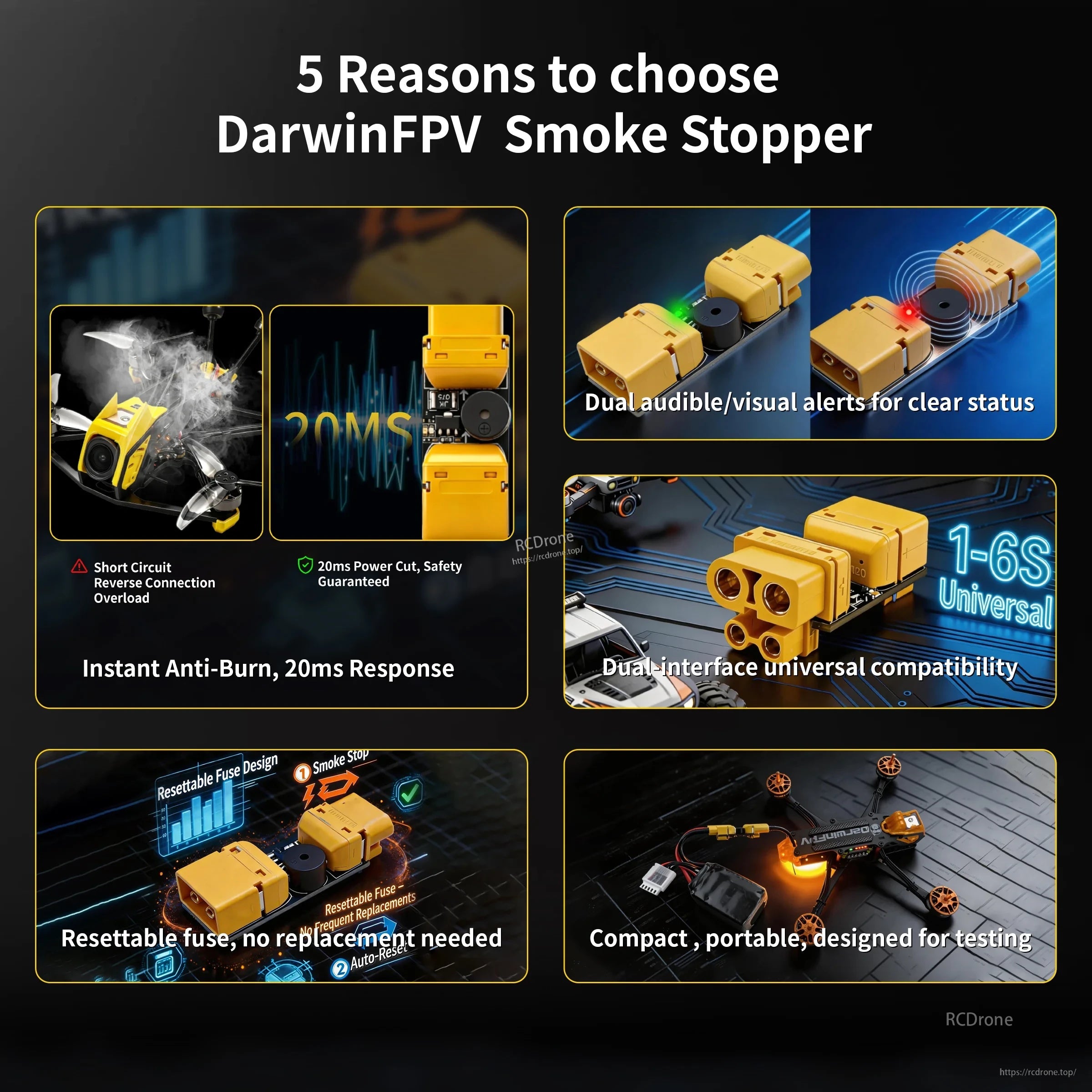 Infographic listing key reasons to use DarwinFPV smoke stopper: 20ms cutoff, LED/buzzer alerts, XT30/XT60, resettable fuse