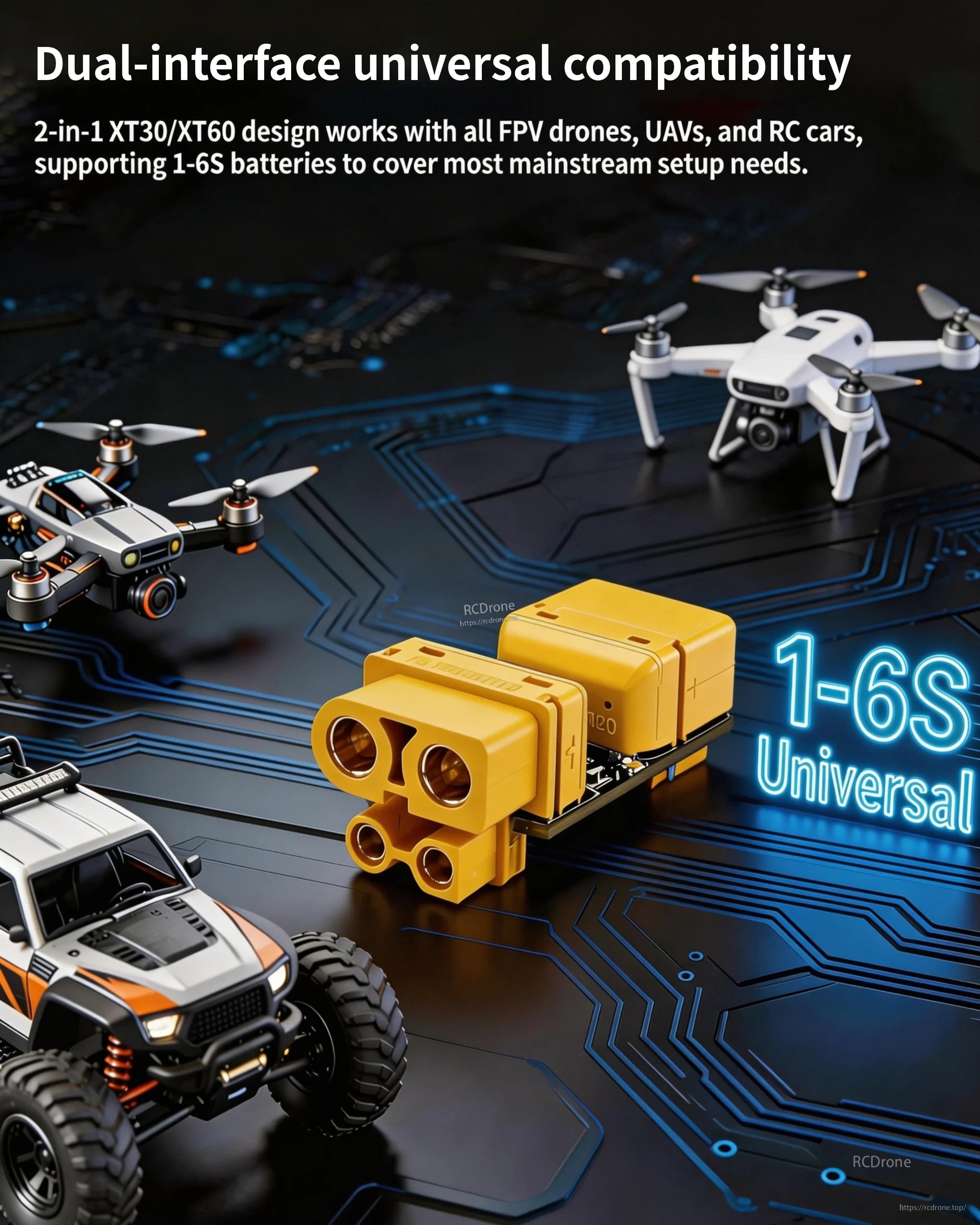 Dual-interface XT30 and XT60 connectors supporting 1–6S (3–33V) batteries for FPV and RC setups
