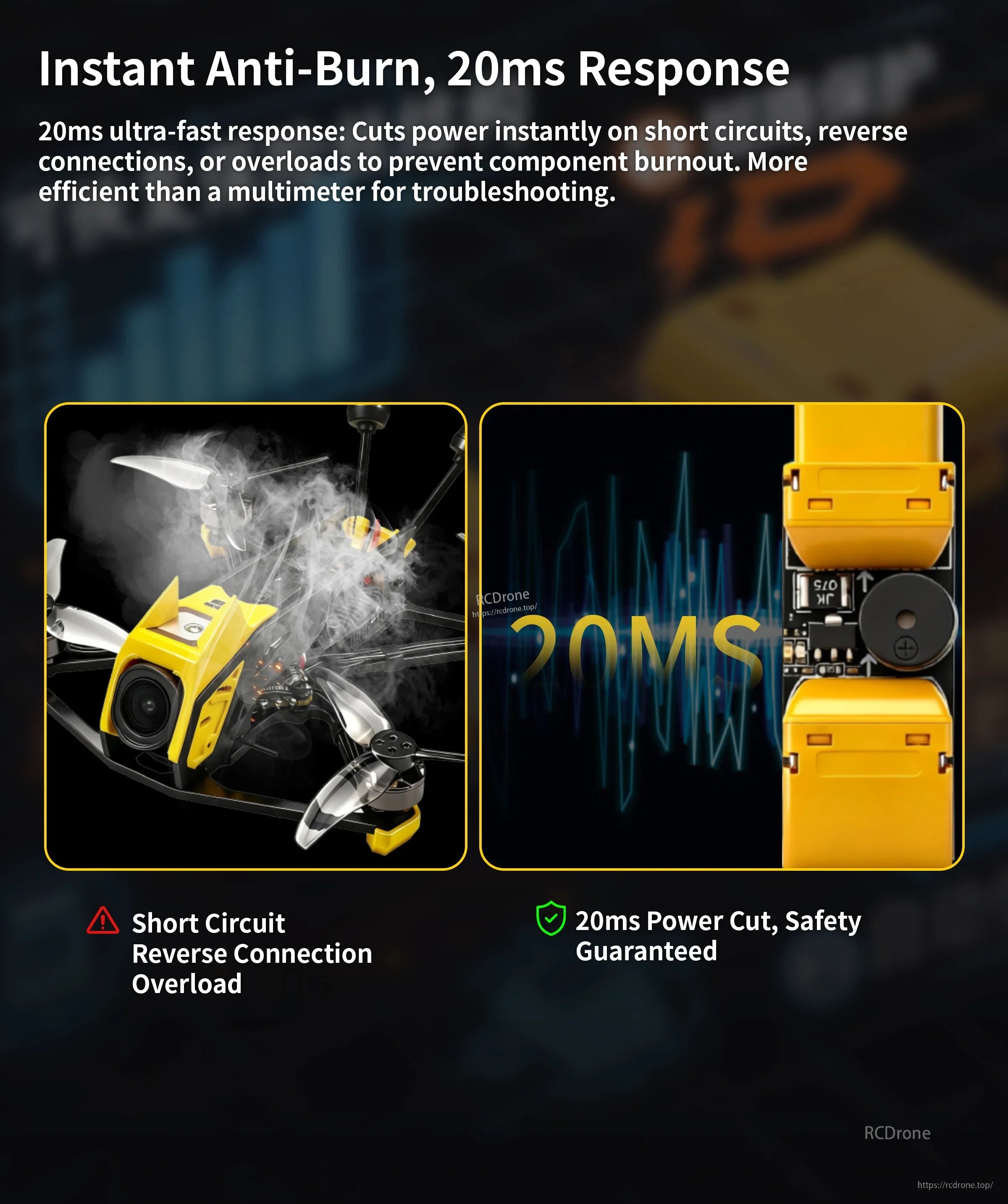 20ms fast-response power cutoff feature for FPV drone short-circuit, reverse connection, and overload protection