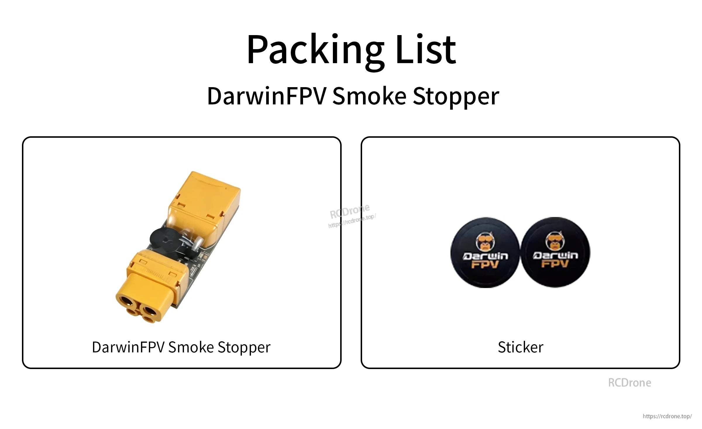Packing list showing DarwinFPV smoke stopper unit and two DarwinFPV stickers included in the box