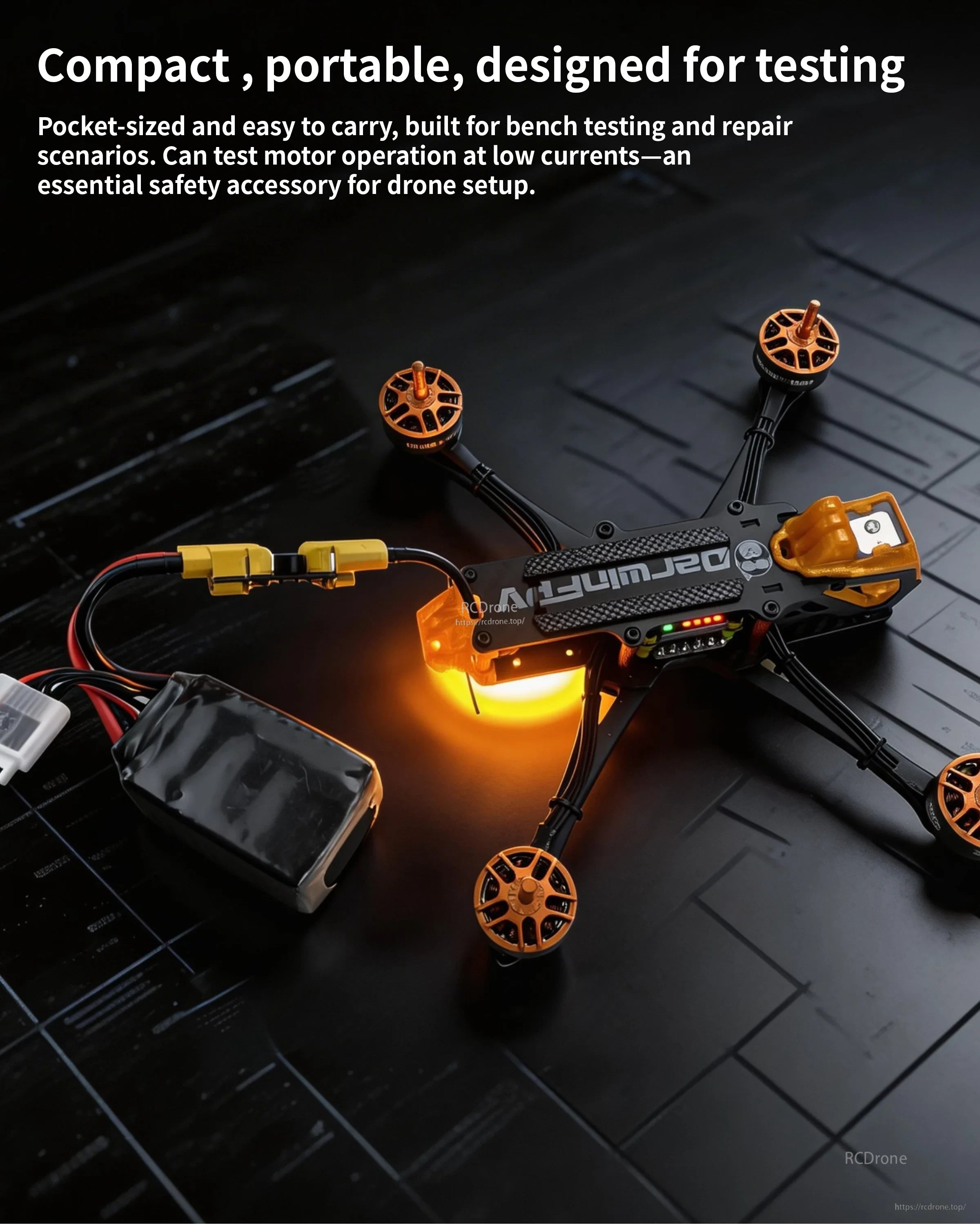 Compact smoke stopper used for bench testing an FPV quad build with battery connected through the device