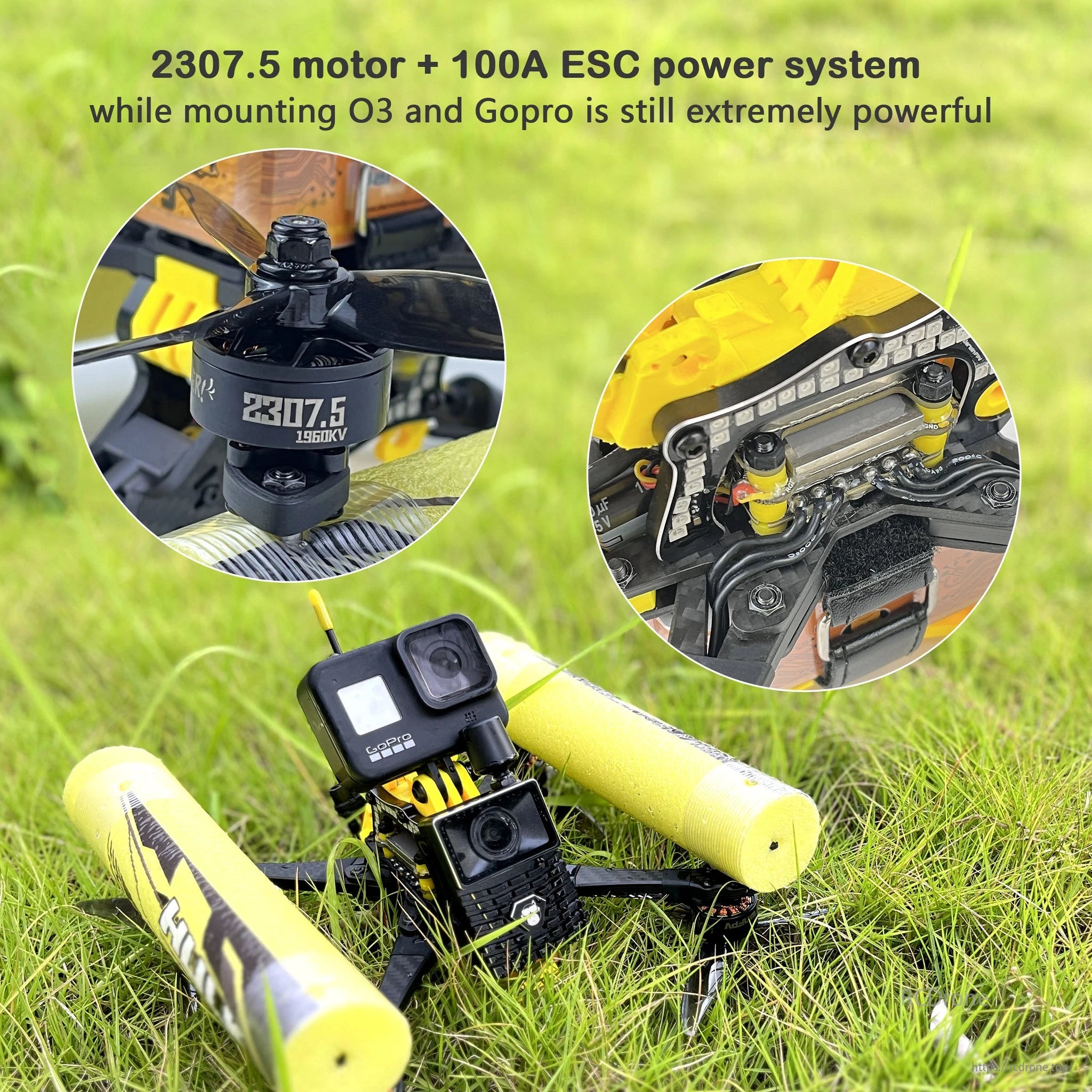 DarwinFPV features 2307.5 motor, 100A ESC, O3, and GoPro for a powerful setup.