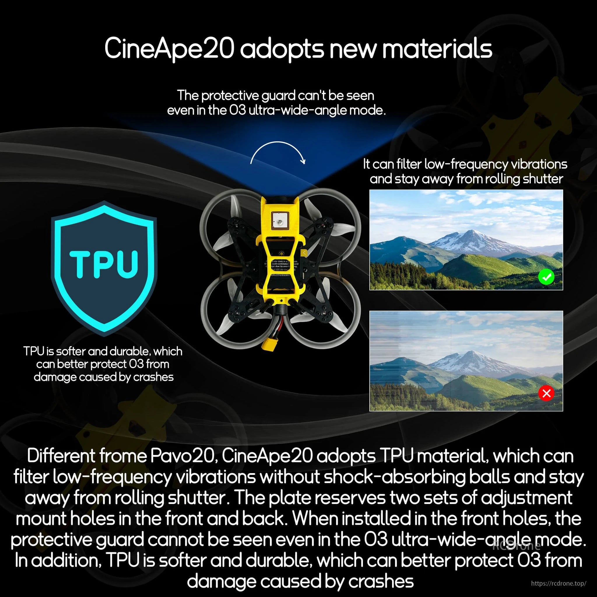 DarwinFPV, CineApe20, with TPU material, offers enhanced protection, vibration filtering, and durability, reducing rolling shutter issues and improving O3's crash resistance in ultra-wide-angle mode.