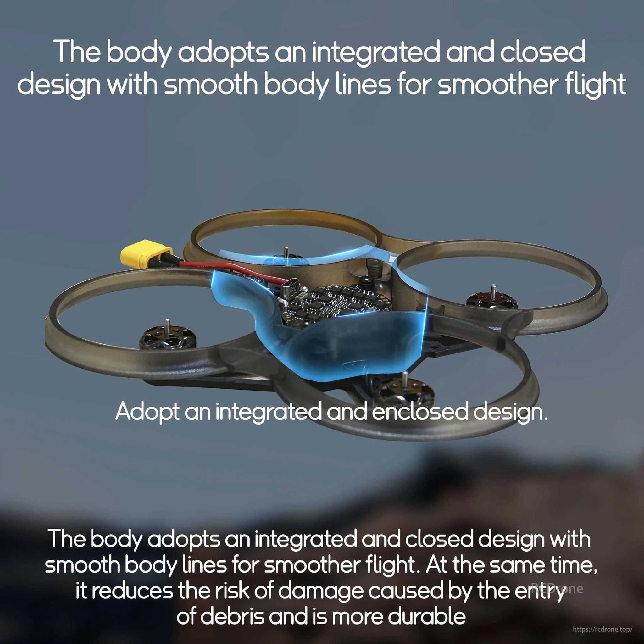 DarwinFPV, Smooth lines, closed design for safe flight, reducing damage and enhancing durability.