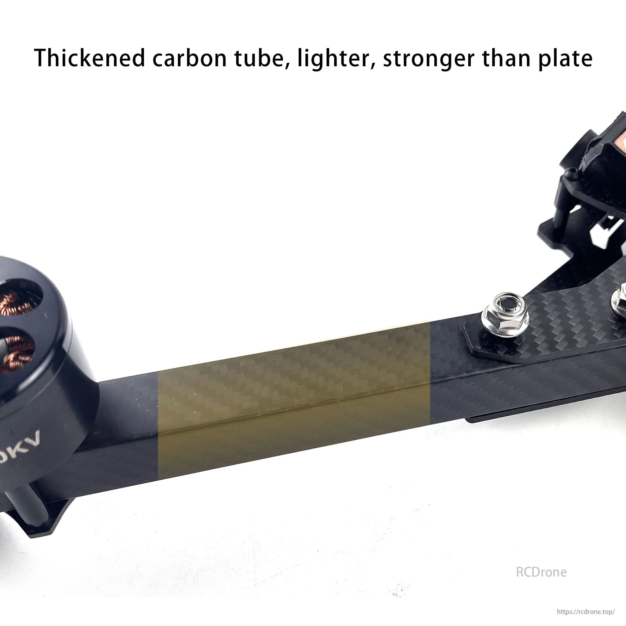 Thickened carbon tube, lighter, stronger than plate. DarwinFPV innovation.