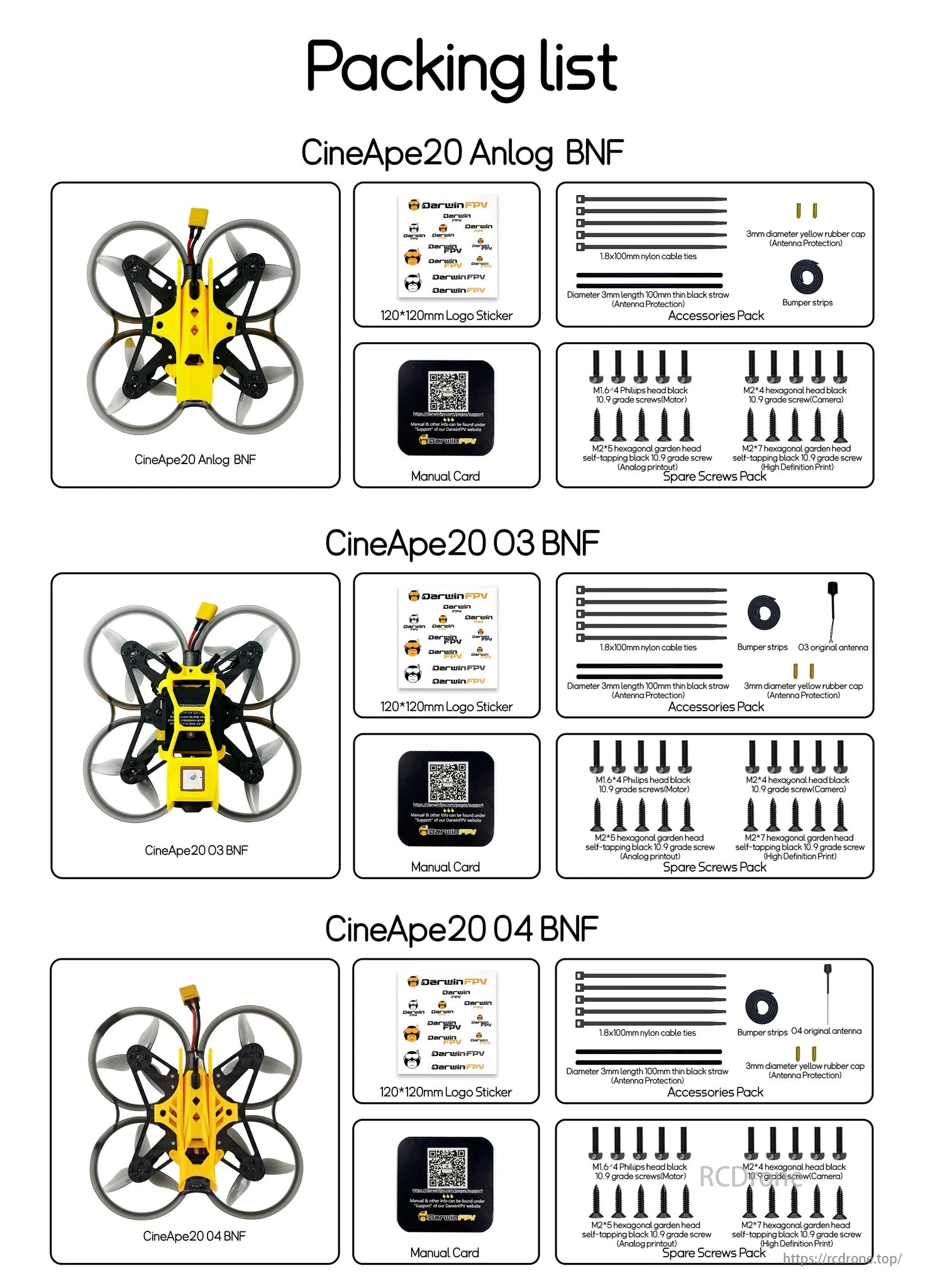 DarwinFPV, CineApe20 Analog BNF packing list includes drones, stickers, manuals, accessories packs with cable ties, rubber caps, bumper strips, and spare screws.