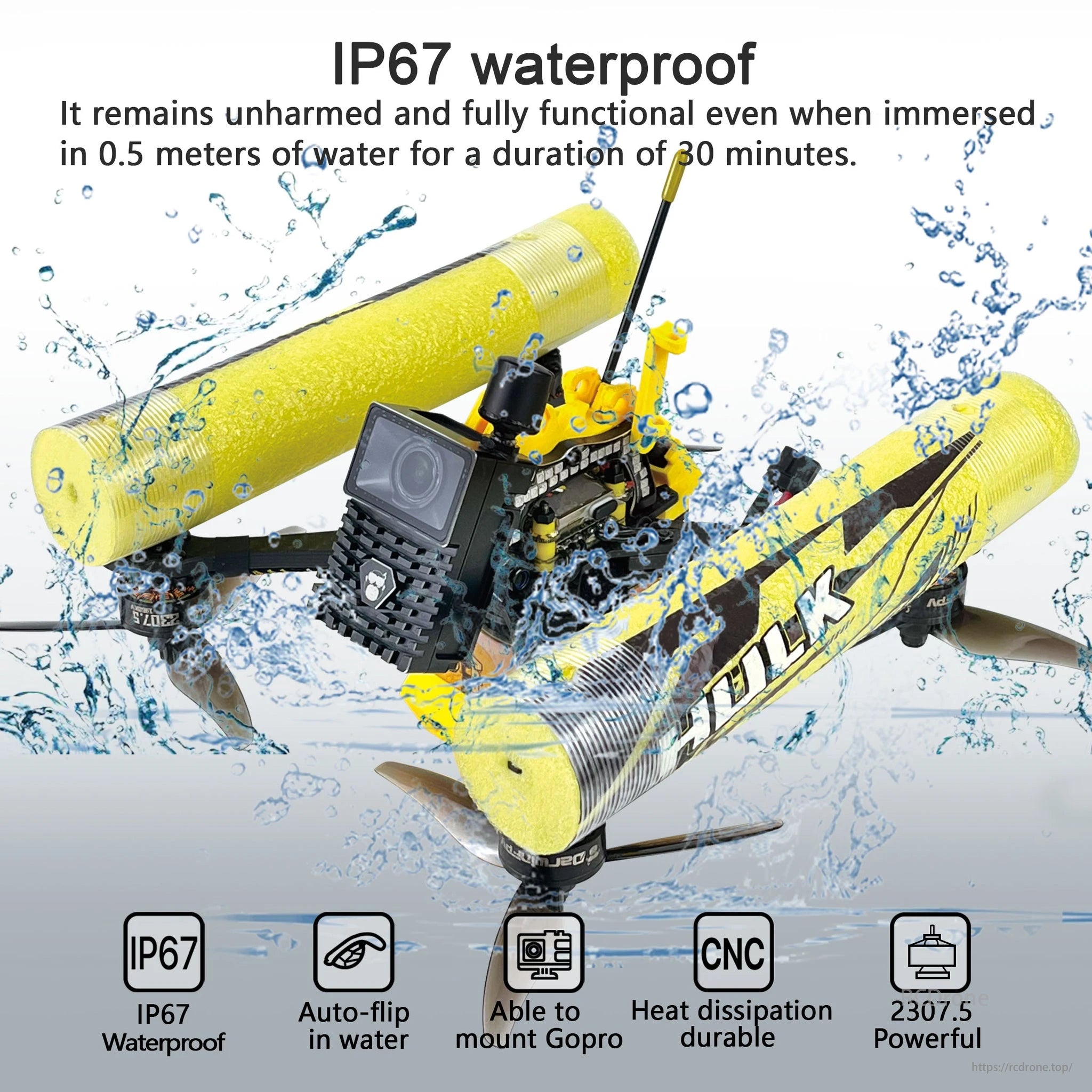DarwinFPV: IP67 waterproof, GoPro mount, heat dissipation, 2307.5 motor, auto-flip in water, durable, functional after 30 mins submerged.