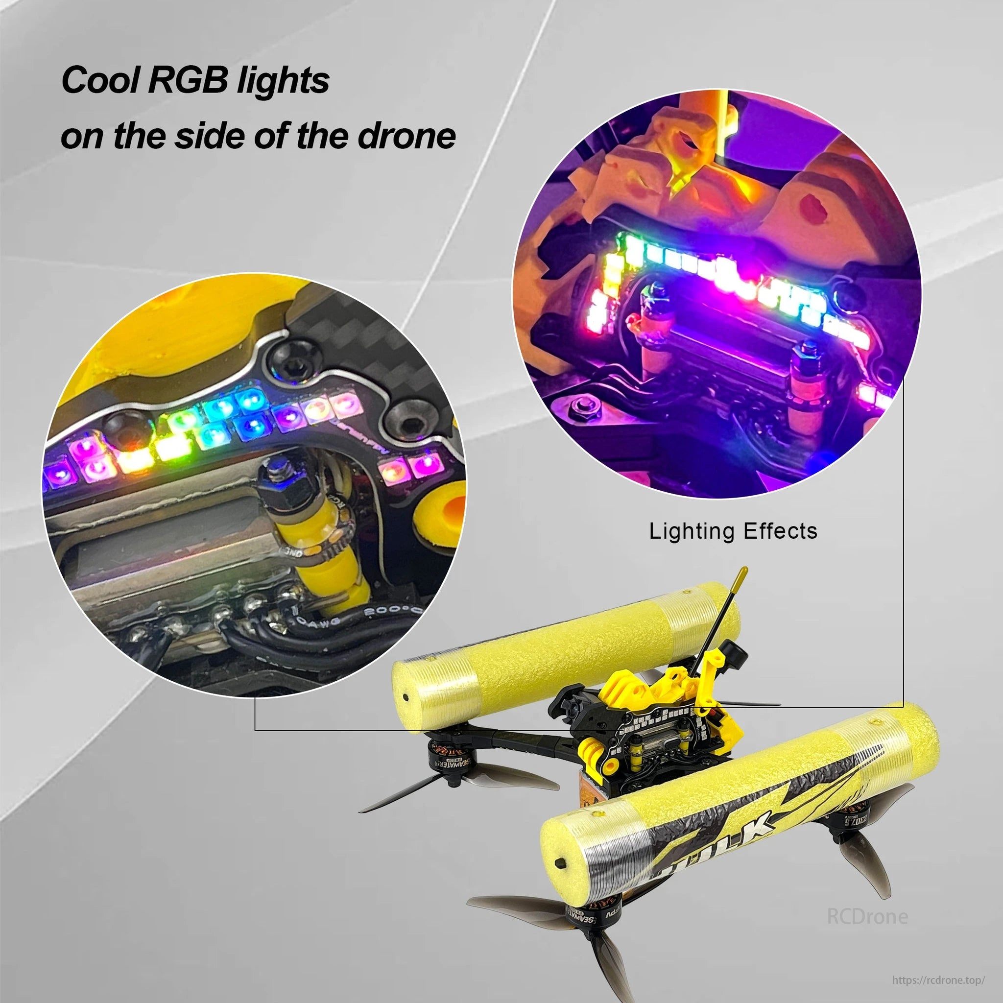 DarwinFPV drone with RGB lights on sides, showcasing lighting effects.