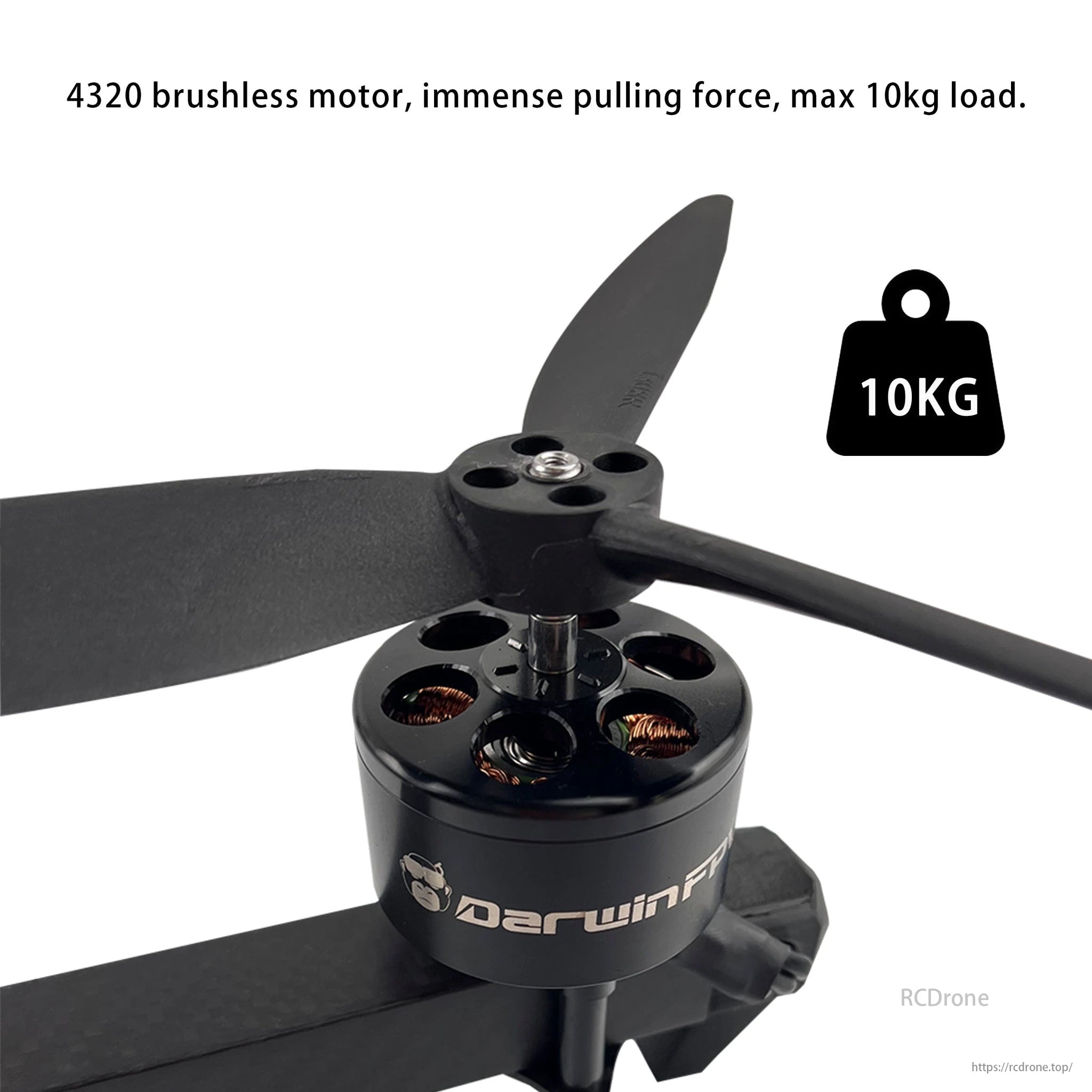 DarwinFPV 4320 brushless motor, max 10kg load, black design, robust performance for heavy-duty tasks.