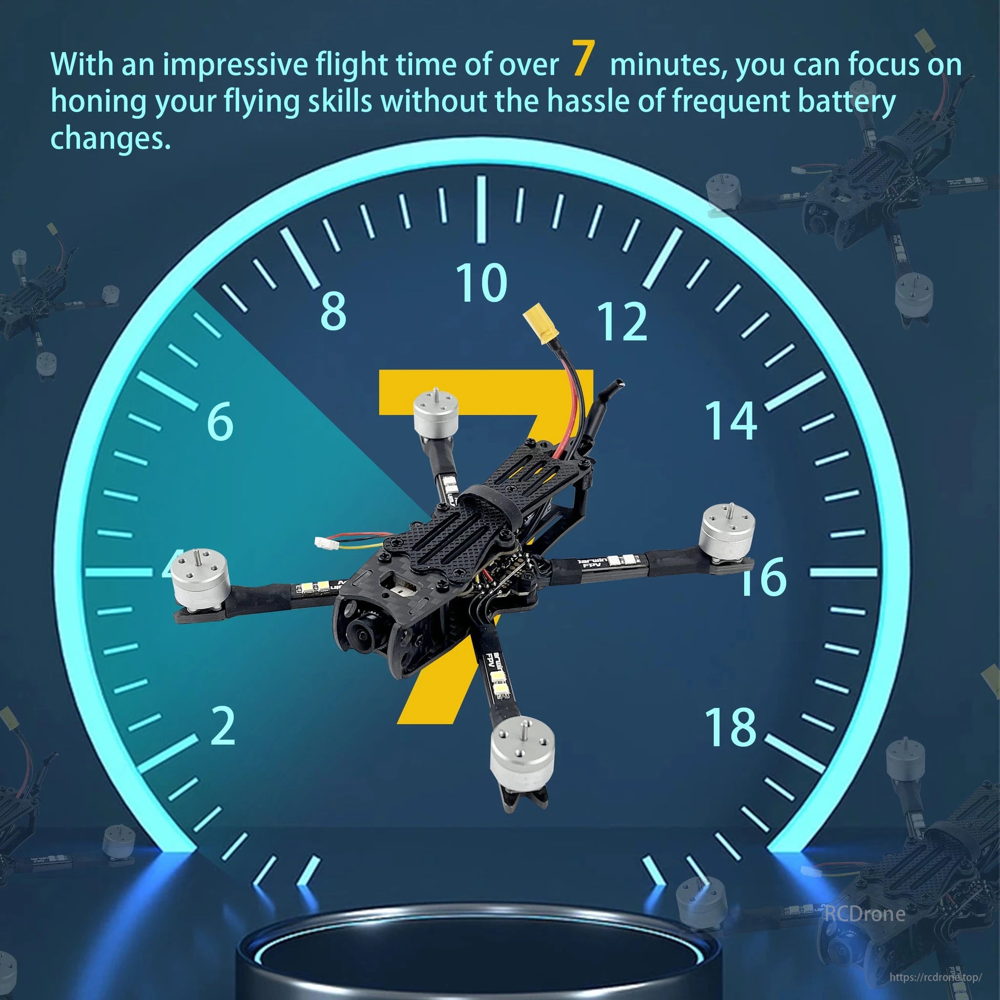 DarwinFPV provides over 7 minutes of flight time, reducing battery changes and improving flying skills.