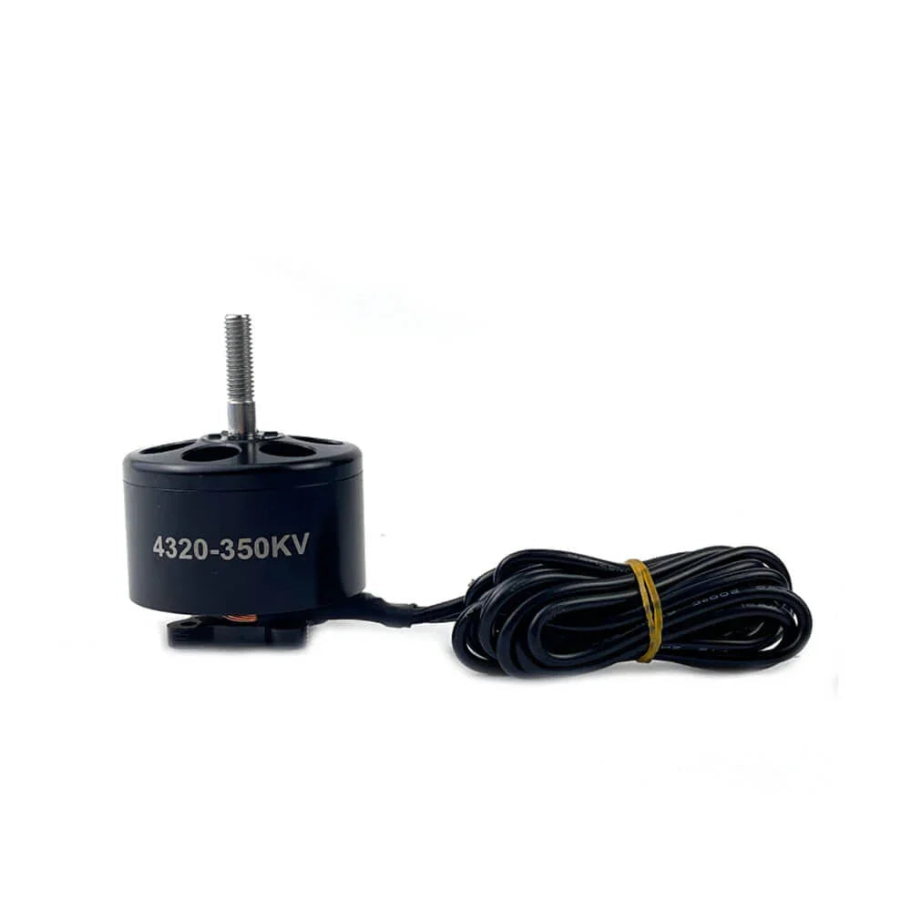 Close-up side view of the DarwinFPV 4320-350KV brushless motor with a coiled wire and mounting screw, ideal for FPV drone builds