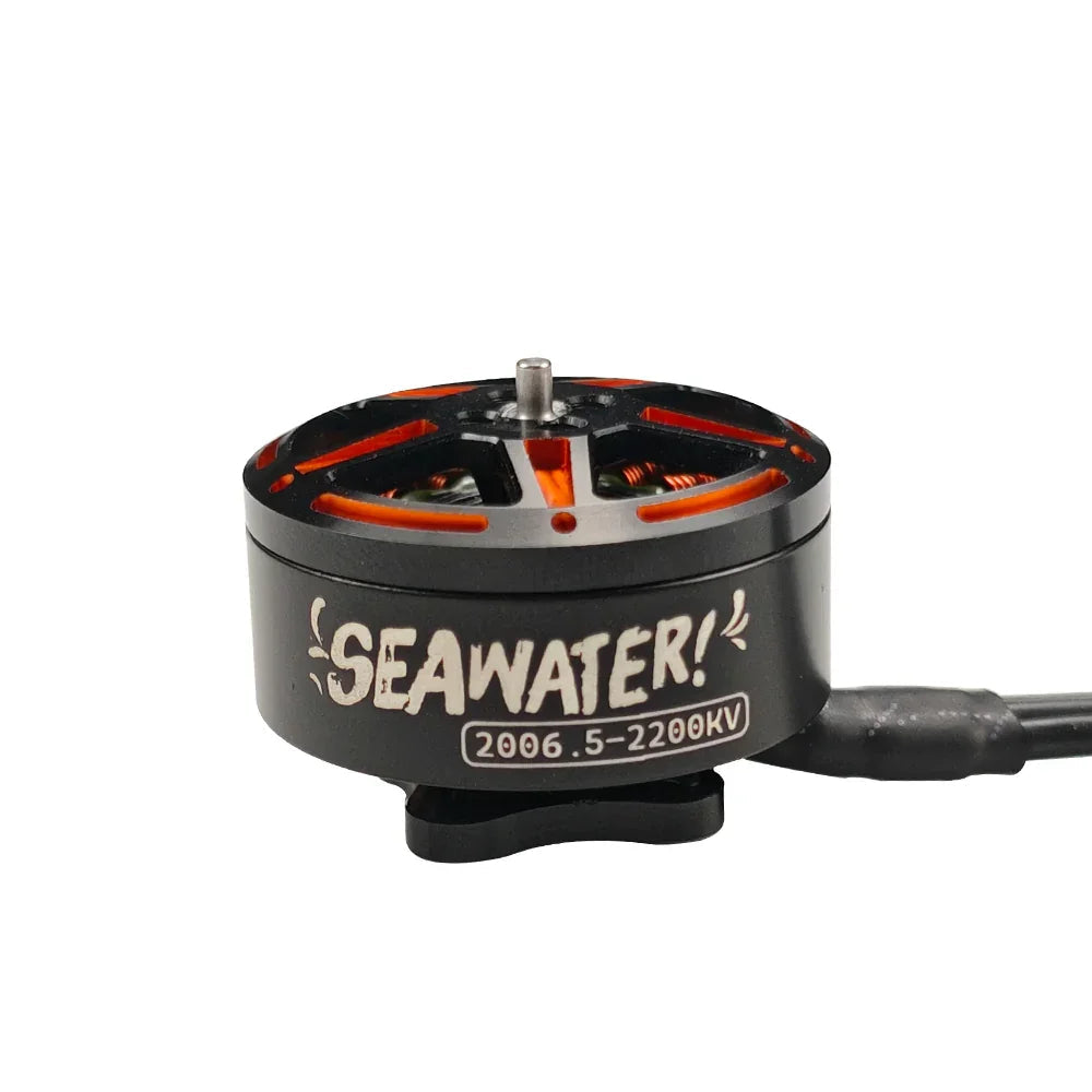 Close - up view of DarwinFPV SeaWater 2006.5 drone motor with "SEAWATER! 2006.5 - 2200KV" labeling.