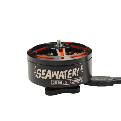 Close - up view of DarwinFPV SeaWater 2006.5 drone motor with "SEAWATER! 2006.5 - 2200KV" labeling.