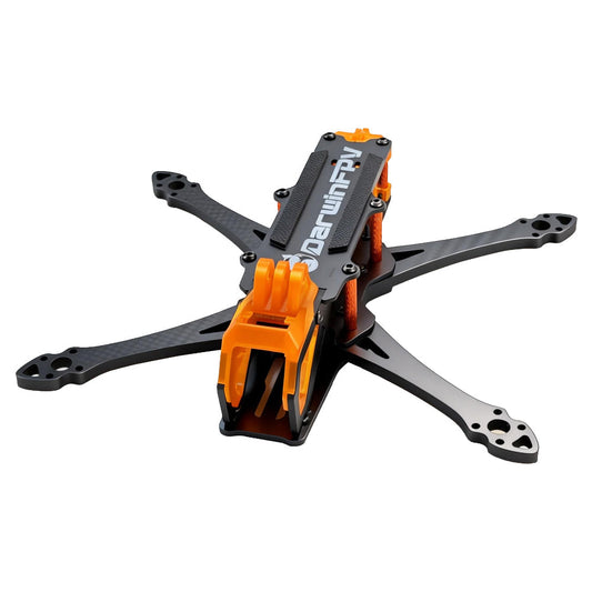 DarwinFPV ApeStyle D5 FPV drone frame assembled, carbon fiber with orange TPU front mount