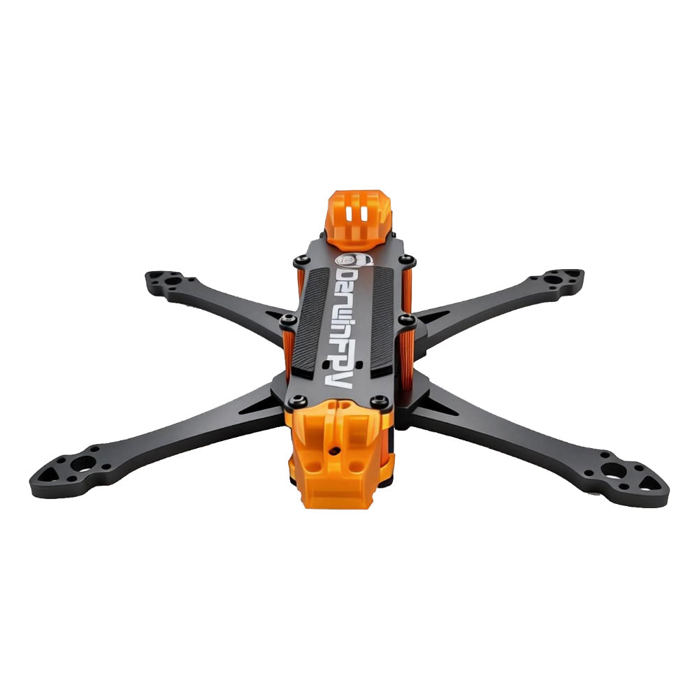 ApeStyle D6 FPV drone frame top view showing True-X arm layout and orange TPU front and rear mounts