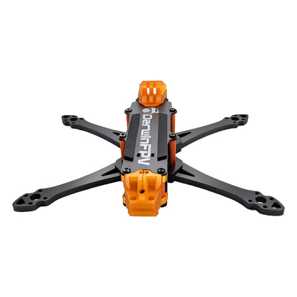 ApeStyle D6 FPV drone frame top view showing True-X arm layout and orange TPU front and rear mounts