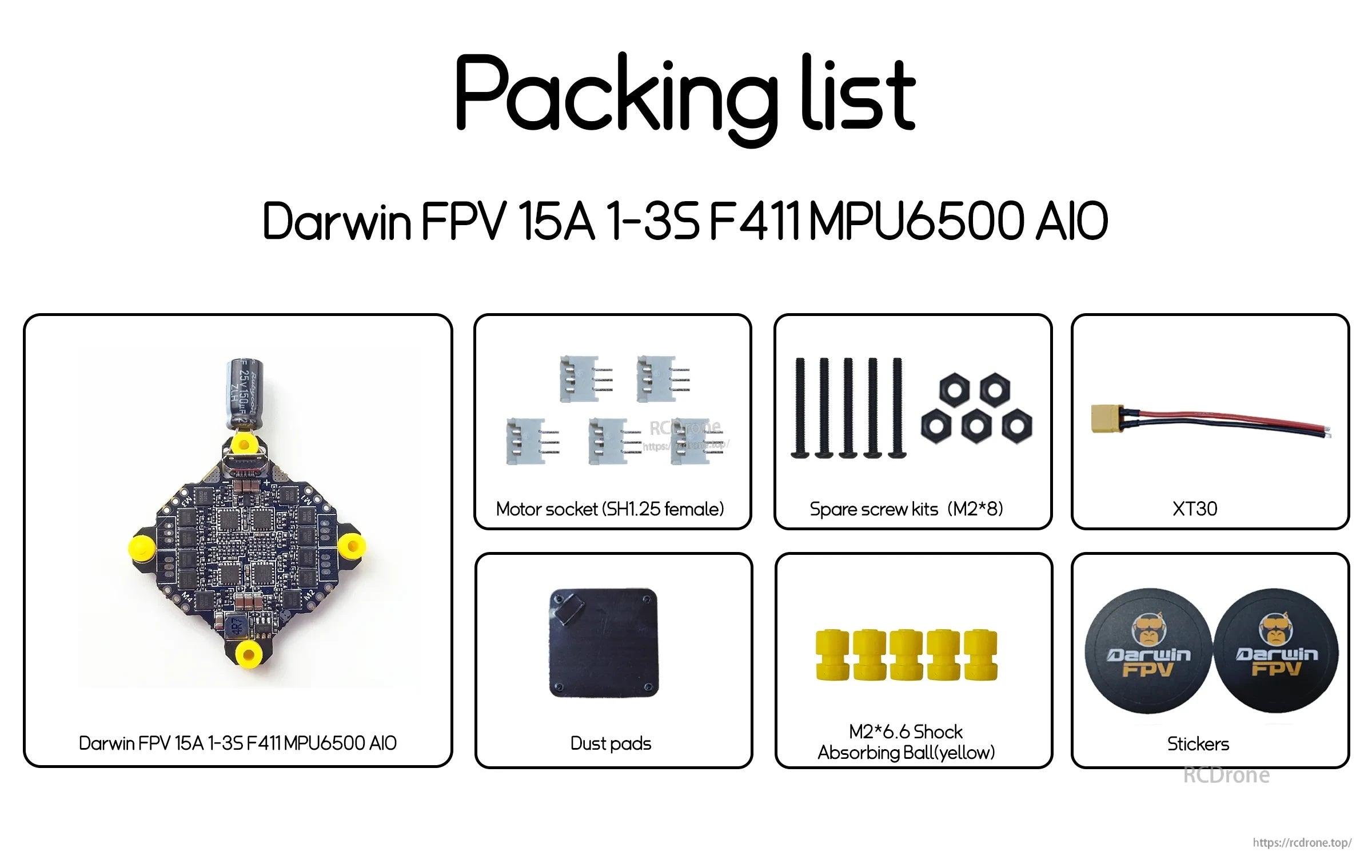 Packing list for DarwinFPV 15A 1–3S F411 MPU6500 AIO including motor sockets, XT30 lead, screws, dust pad, and shock balls