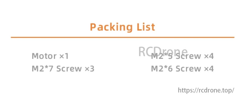 DeepSpace Aether 1505 Brushless FPV Motor, Packing list includes motor, M2*7 screws, M2*5 screws, and M2*6 screws for drone assembly.