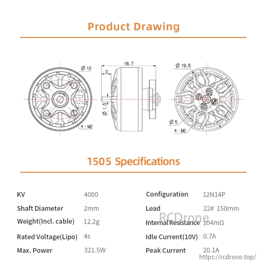 DeepSpace Aether 1505 brushless FPV motor features KV 4000, 2mm shaft, 12.2g weight, 4S Lipo, 321.5W max power, 12N14P config, and 20.1A peak current.