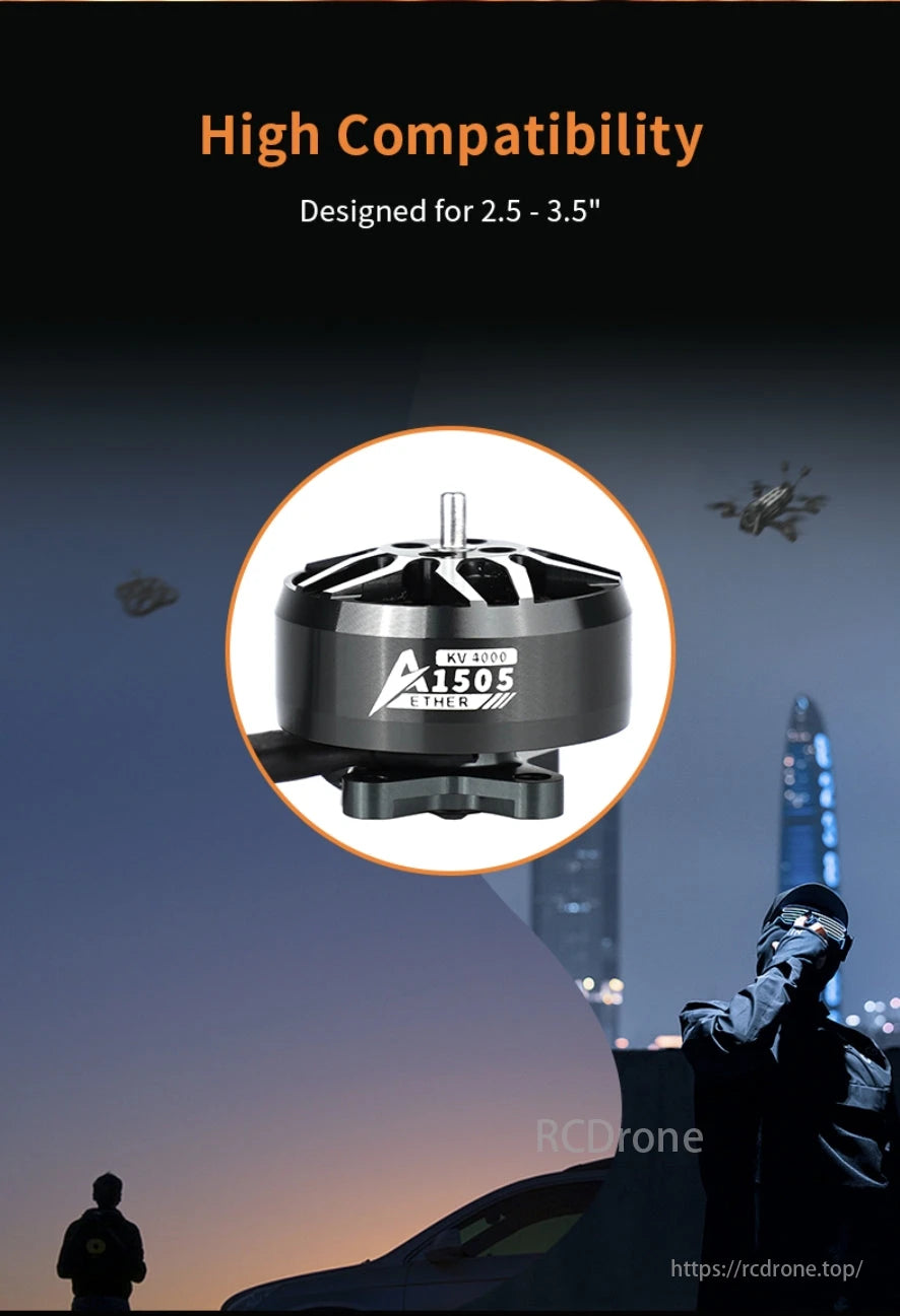 DeepSpace Aether 1505 Brushless FPV Motor, KV 4000, fits 2.5-3.5" propellers, ensuring high compatibility.