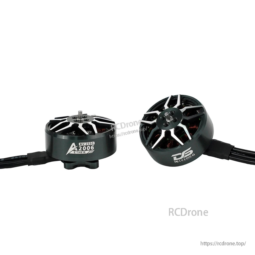 DeepSpace Aether 2006 2550KV Brushless Motor, DeepSpace Aether 2006 2550KV brushless drone motor pair with black body, silver top, and attached wires