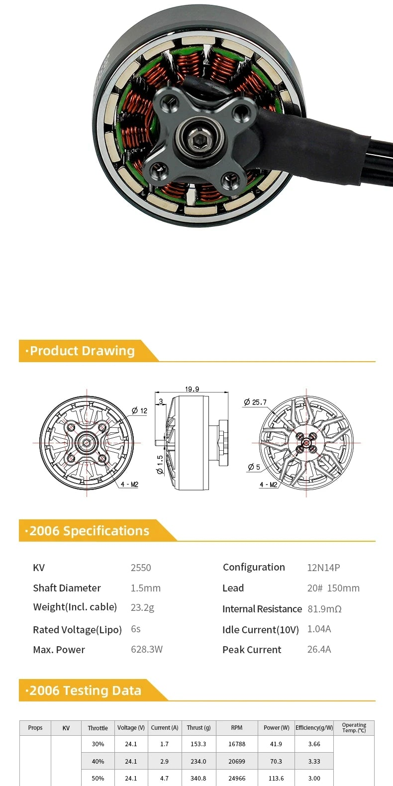 DeepSpace Aether 2006 2550KV Brushless Motor for 3.5-5 Inch FPV Drone, 4S-6S Compatible