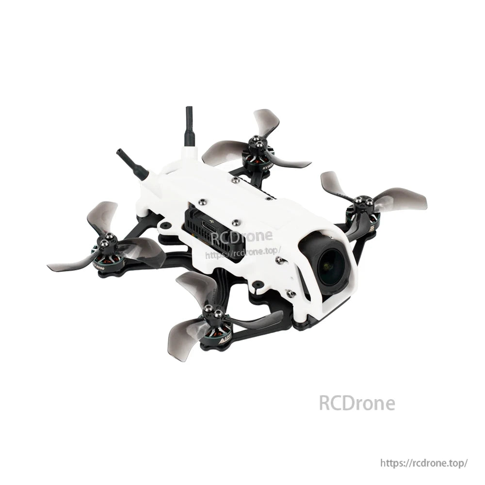 Front-right angle view of the quadcopter highlighting the DJI O4 camera housing, motors, and 2-inch props