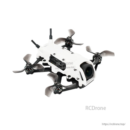 Front-right angle view of the quadcopter highlighting the DJI O4 camera housing, motors, and 2-inch props