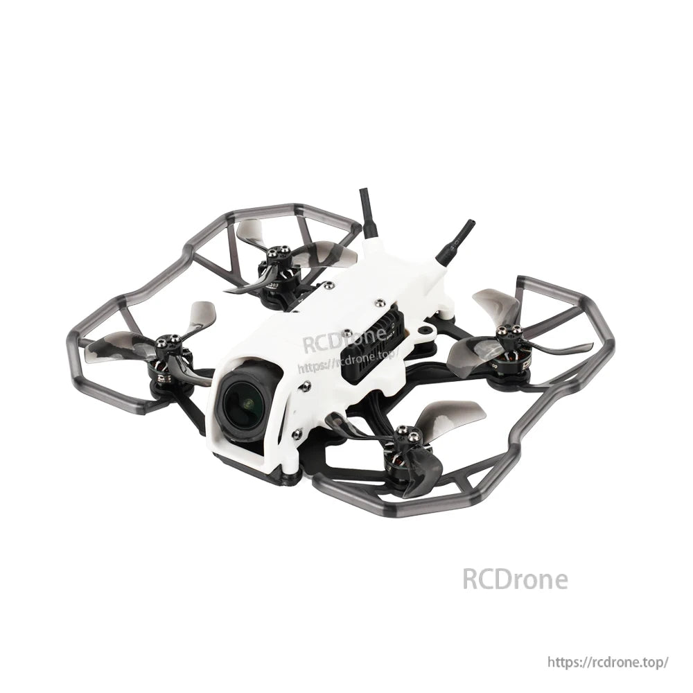 FPV quadcopter with installed prop guards, showing duct-style bumper frame around the 2-inch propellers