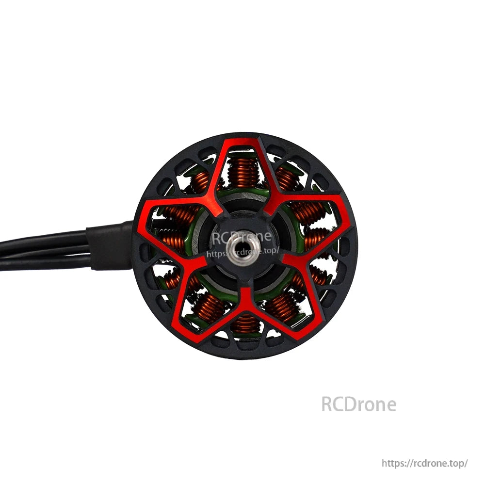 DeepSpace RED LINE 2807 1350KV Brushless Motor, Top view of DeepSpace RED LINE 2807 brushless motor with red-and-black bell, copper windings, and attached leads