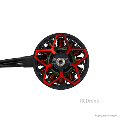 DeepSpace RED LINE 2807 1350KV Brushless Motor, Top view of DeepSpace RED LINE 2807 brushless motor with red-and-black bell, copper windings, and attached leads