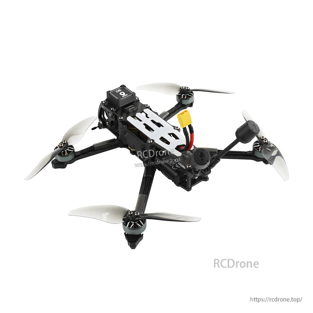 DeepSpace ROC 4 FPV quadcopter drone with carbon frame, white propellers, and XT60 battery connector