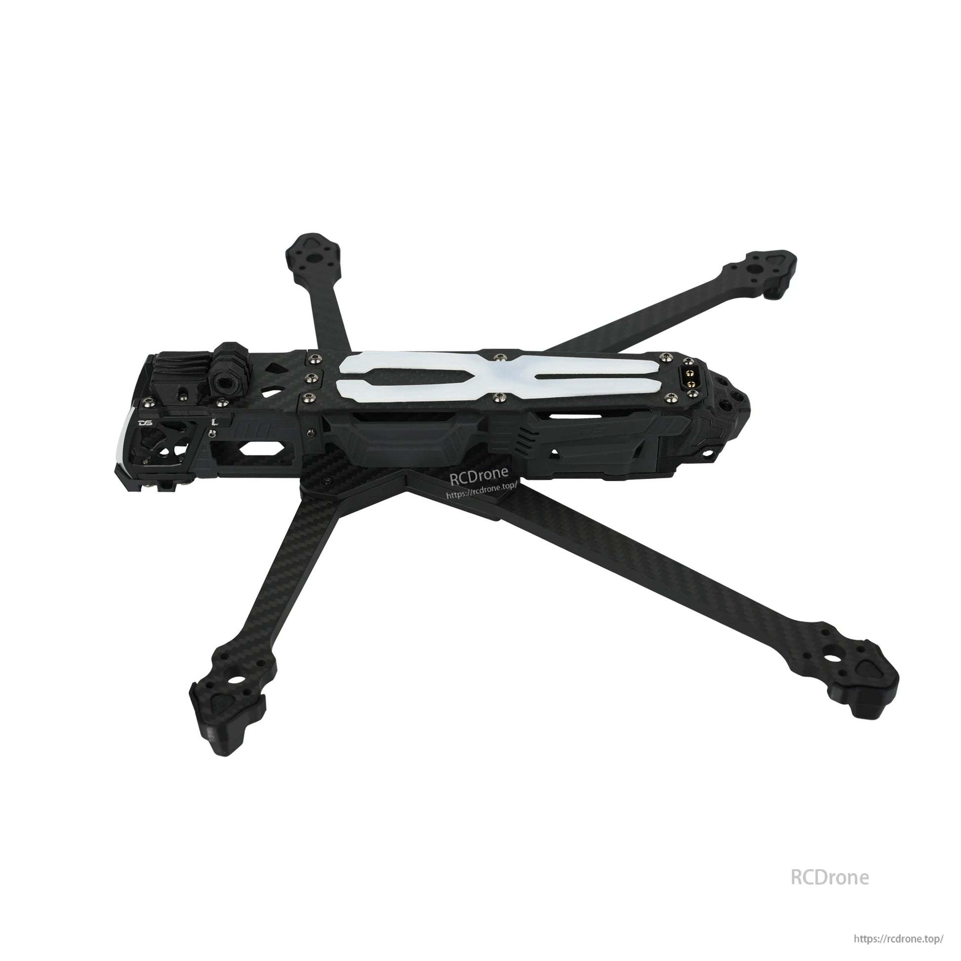 DeepSpace ROC 7 Carbon Fiber FPV Frame, DeepSpace ROC 7 carbon fiber FPV drone frame with four arms, black body hardware, and white top plate